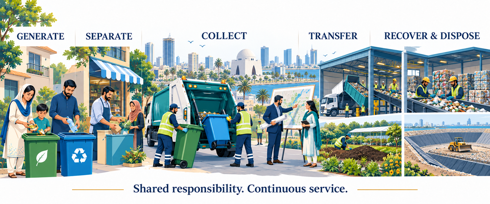 Karachi waste management: generation, separation, collection, transfer, recovery and disposal.
